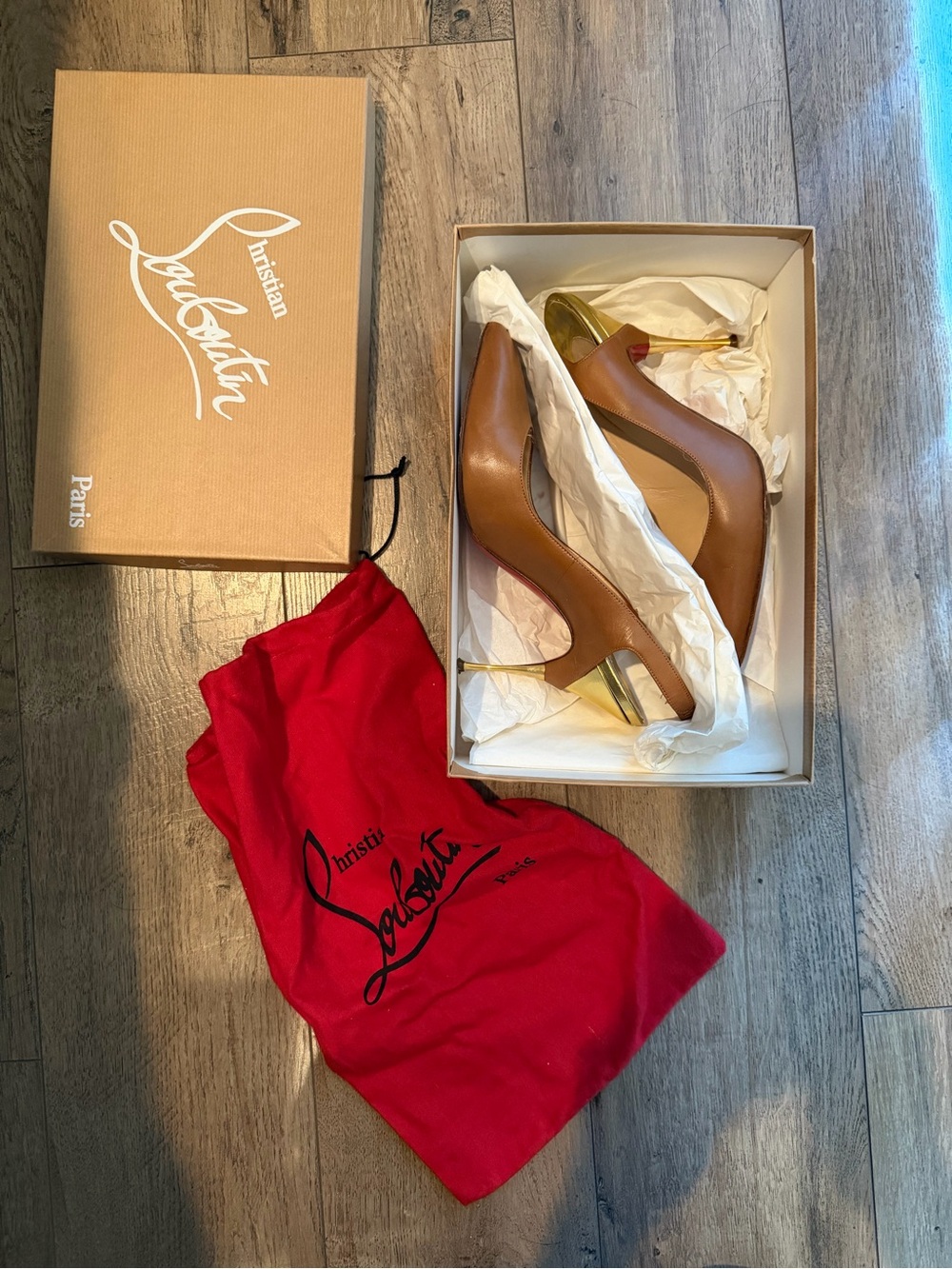 Christian Louboutin Tan Leather Pointed-Toe Slingback Pumps with Gold Heel - Picture 3 of 9